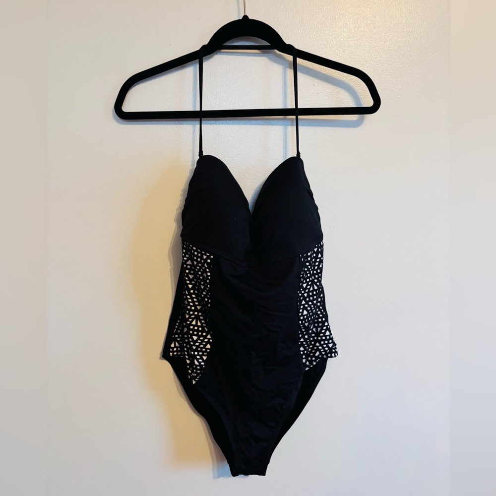 Kenneth Cole black one piece swimsuit halter straps with geometric white pa